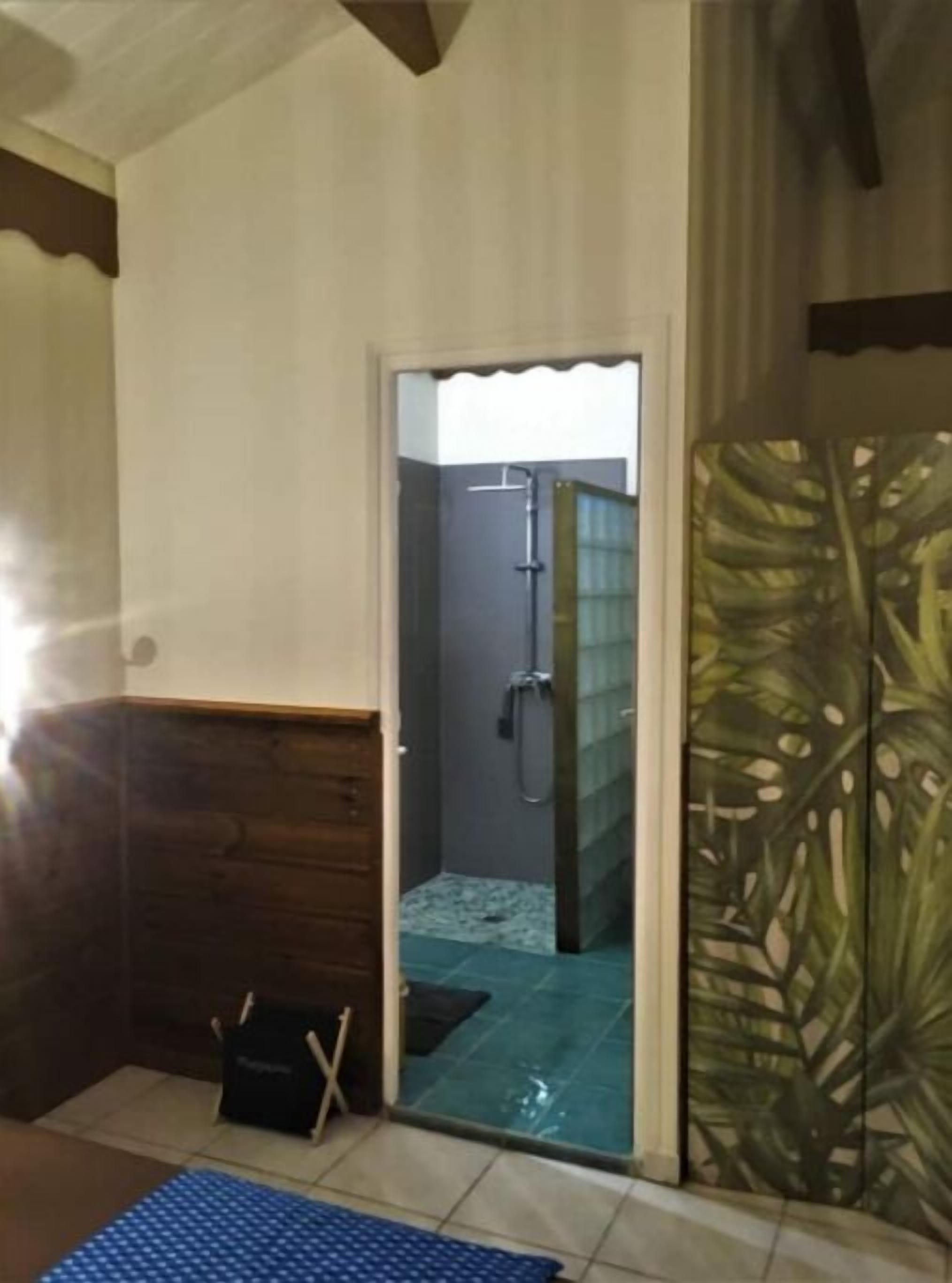 Une pièce avec un plancher en bois, un tapis bleu, un petit sac noir et une porte en verre donnant sur un espace douche.