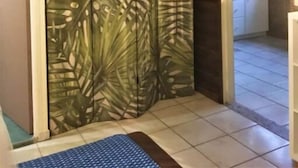 A room with a tropical leaf-patterned partition, a blue mat, and a view of a kitchen through an open door.
