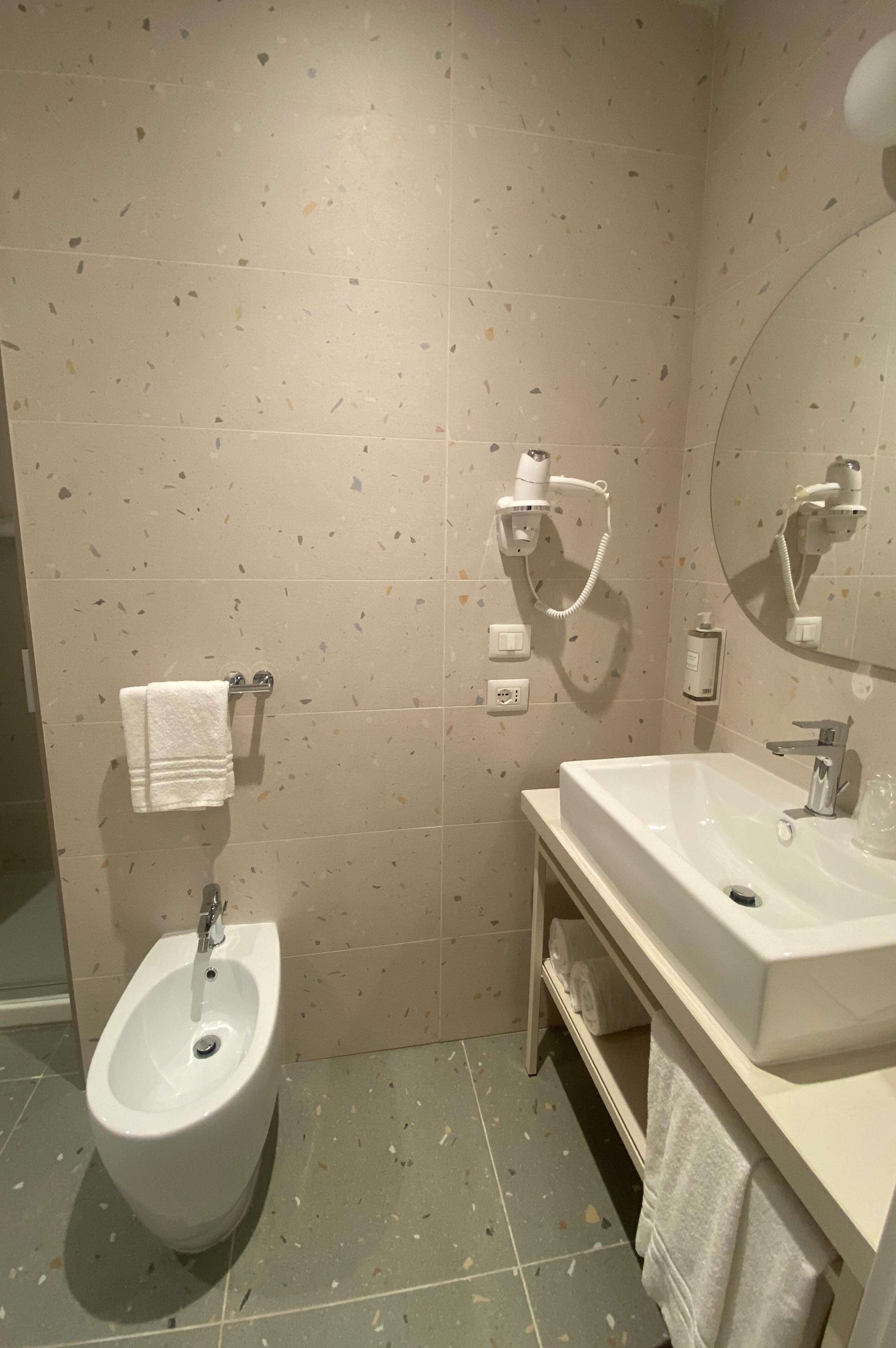 A modern bathroom with a bidet, a sink, a mirror, and a towel rack.
