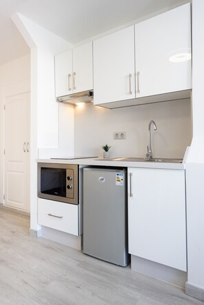 Fridge, microwave, stovetop, coffee/tea maker