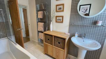 Hair dryer, towels, toilet paper