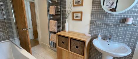 Hair dryer, towels, toilet paper
