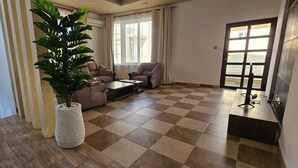 A living room with a checkered floor, a large potted plant, two sofas, and a coffee table. - Beautiful 4-bed Villa in Dar es Salaam, Tanzania (Dar es Salaam)
