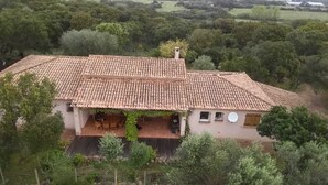 Una casa de dos pisos amb teulada de rajola, envoltada d'arbres i un paisatge amb turons.