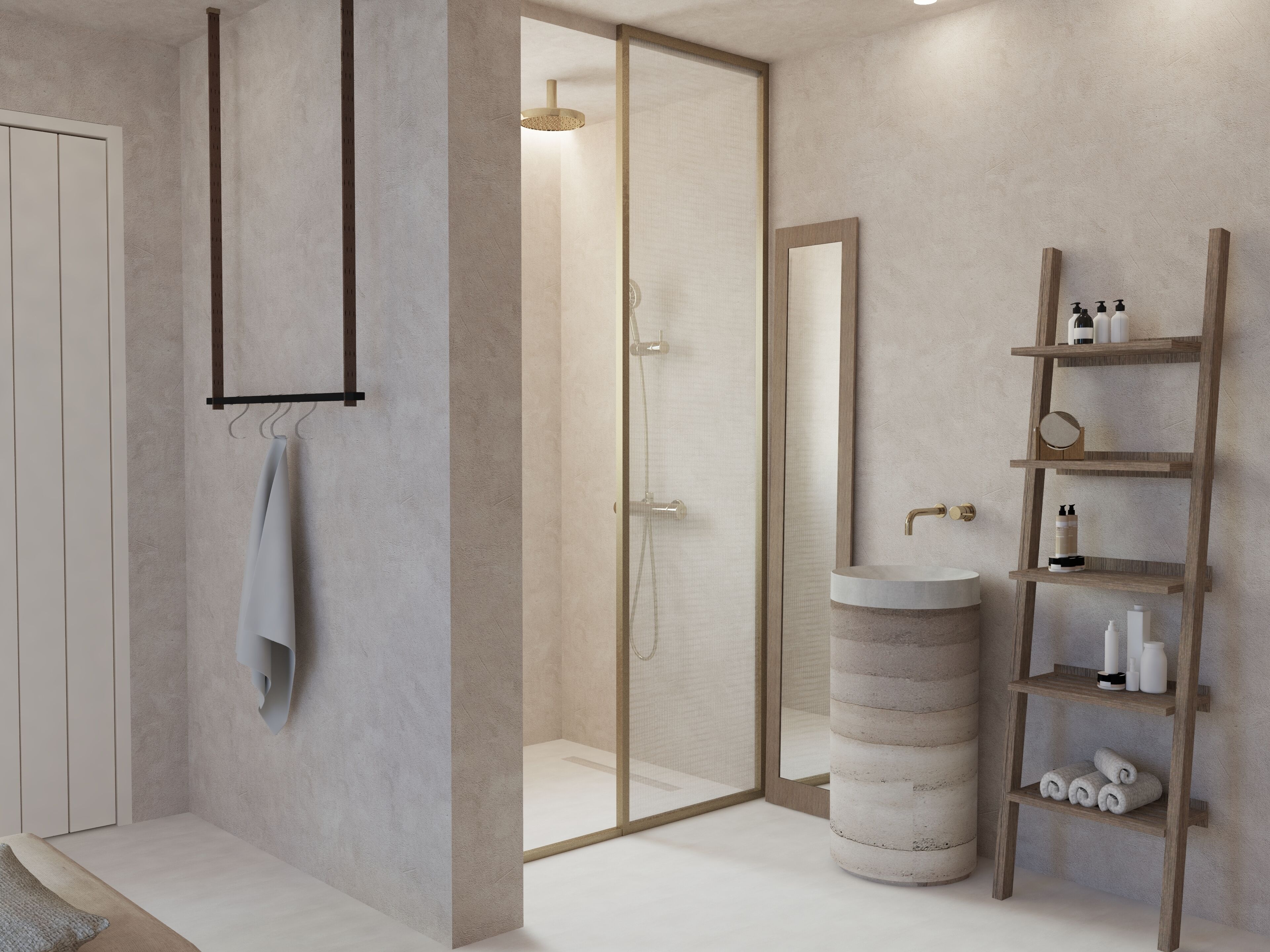 Une salle de bain moderne avec une douche à parois de verre, un lavabo rond et une étagère en bois où sont rangés les articles de toilette.