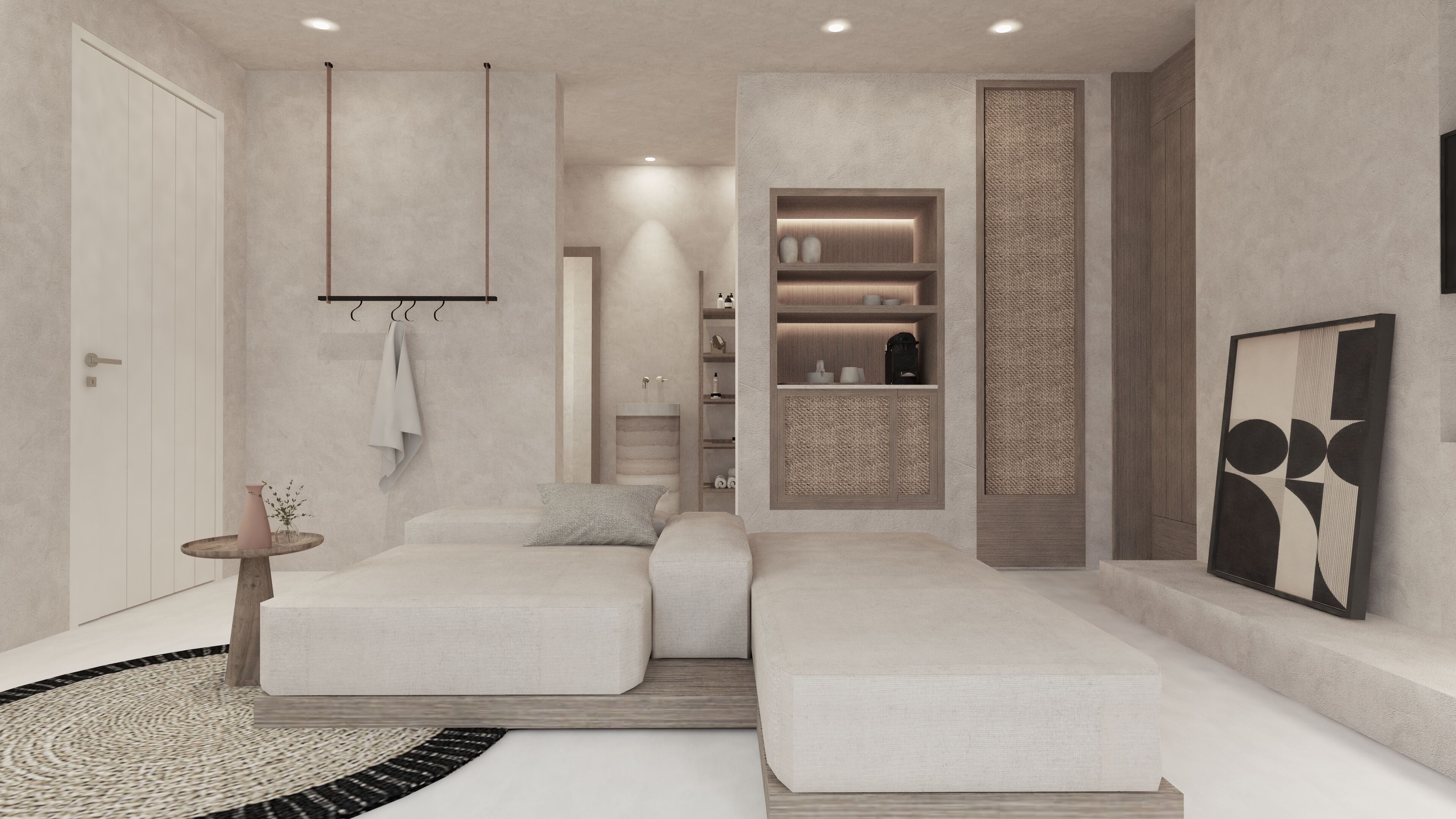 A modern bedroom with two beds, a small bedside table, a hanging towel, a built-in shelving unit, and a framed abstract artwork.