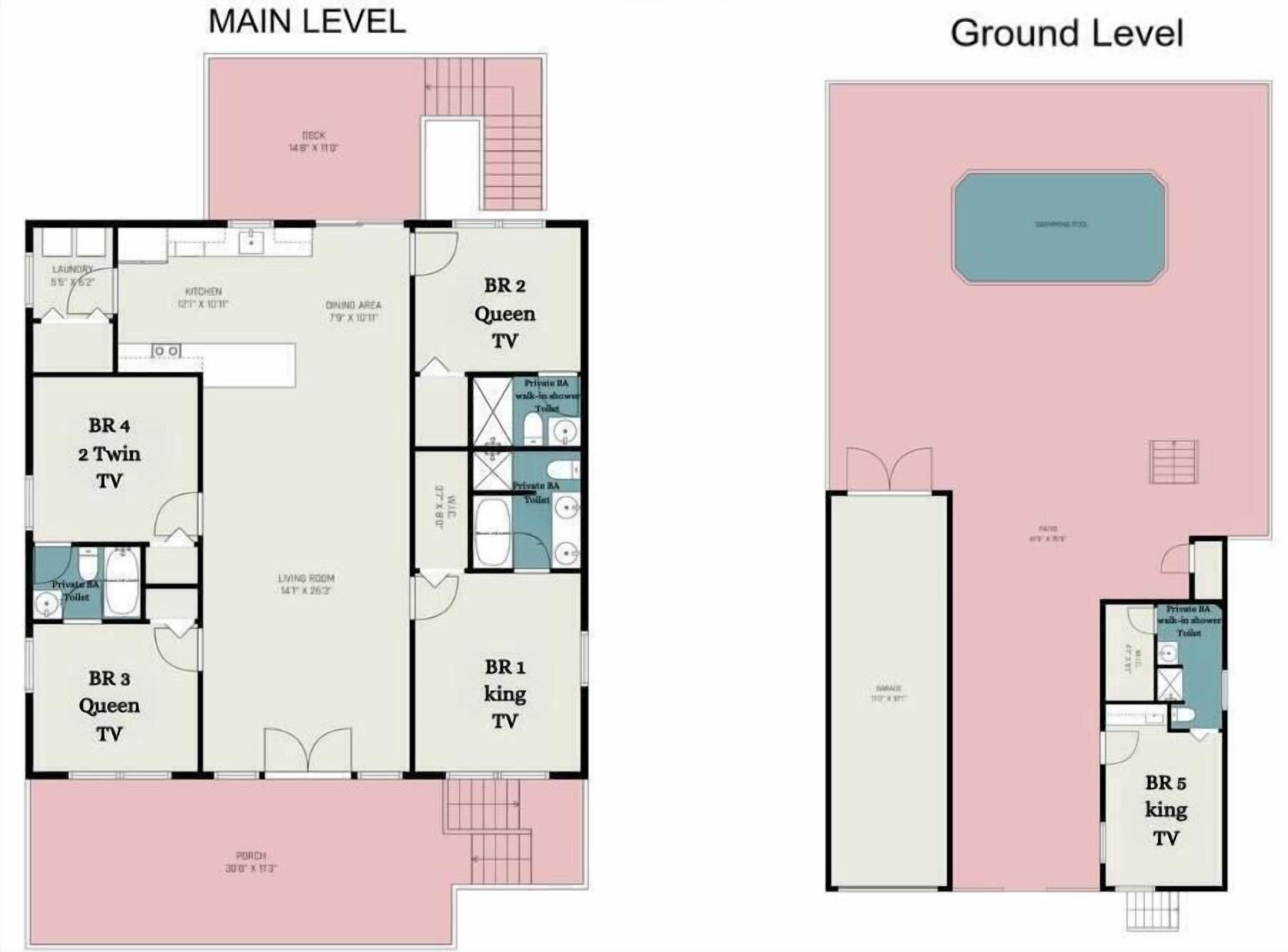 Ein Hotelgrundriss mit mehreren Schlafzimmern, einer Küche, einem Essbereich und einem Wohnzimmer.