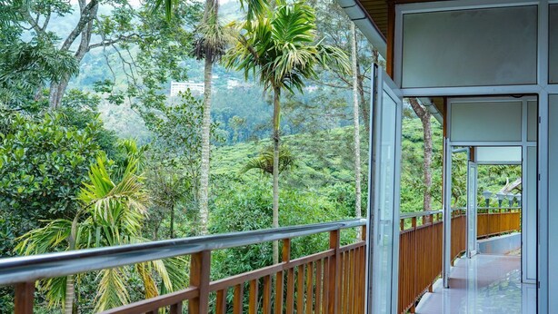 Un balcón con vistas a vegetación exuberante y un edificio al fondo.