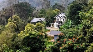 Una casa rodeada de abundante vegetación y montañas al fondo.