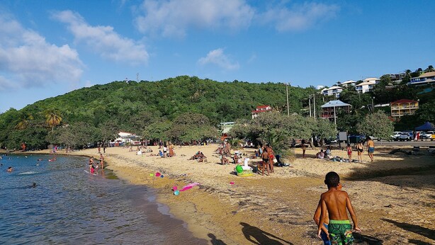 A beach with people swimming and relaxing on the sand, a clear sky, and a hill with trees in the background. - Tartane Beach SPA 2 MER (La Trinité)