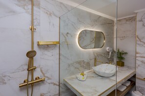 Shower, hair dryer, towels