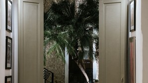 Un umbral abierto que da a un comedor con una palmera y una escalera.