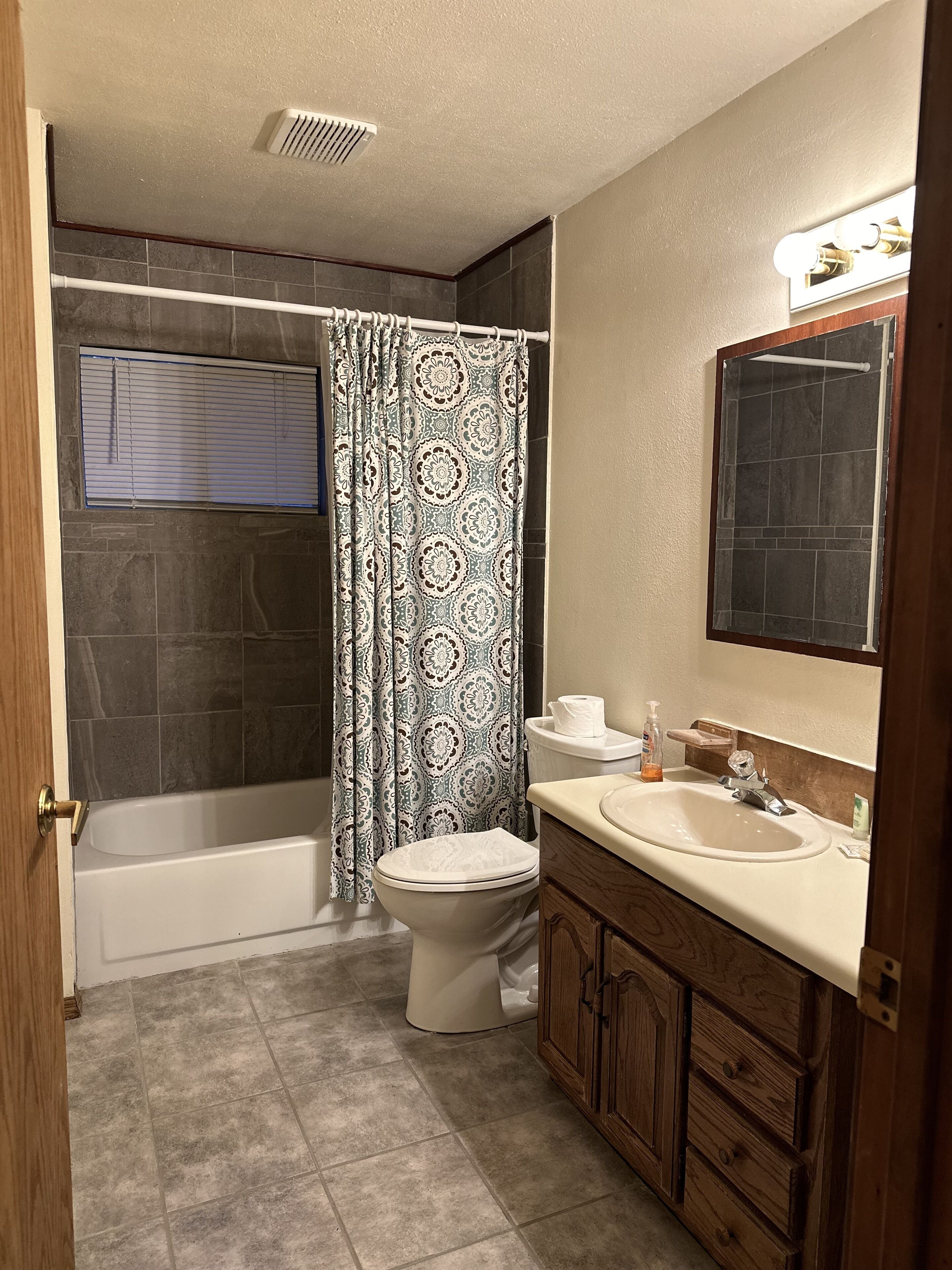 Une salle de bain avec une baignoire, des toilettes et un lavabo.