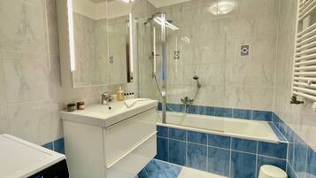 Hair dryer, towels, soap, toilet paper