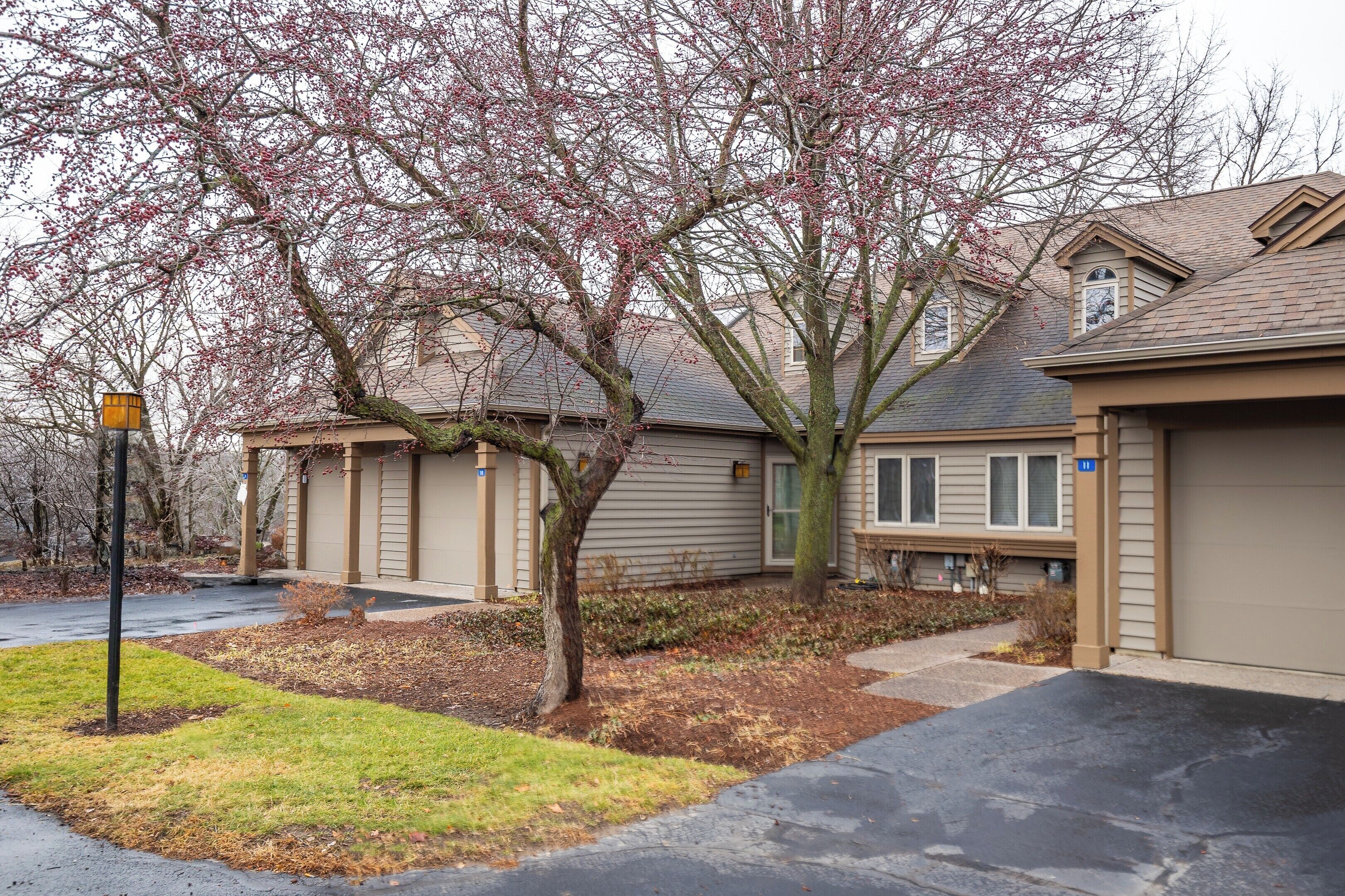 A residential area with houses, a driveway, and a sidewalk.
