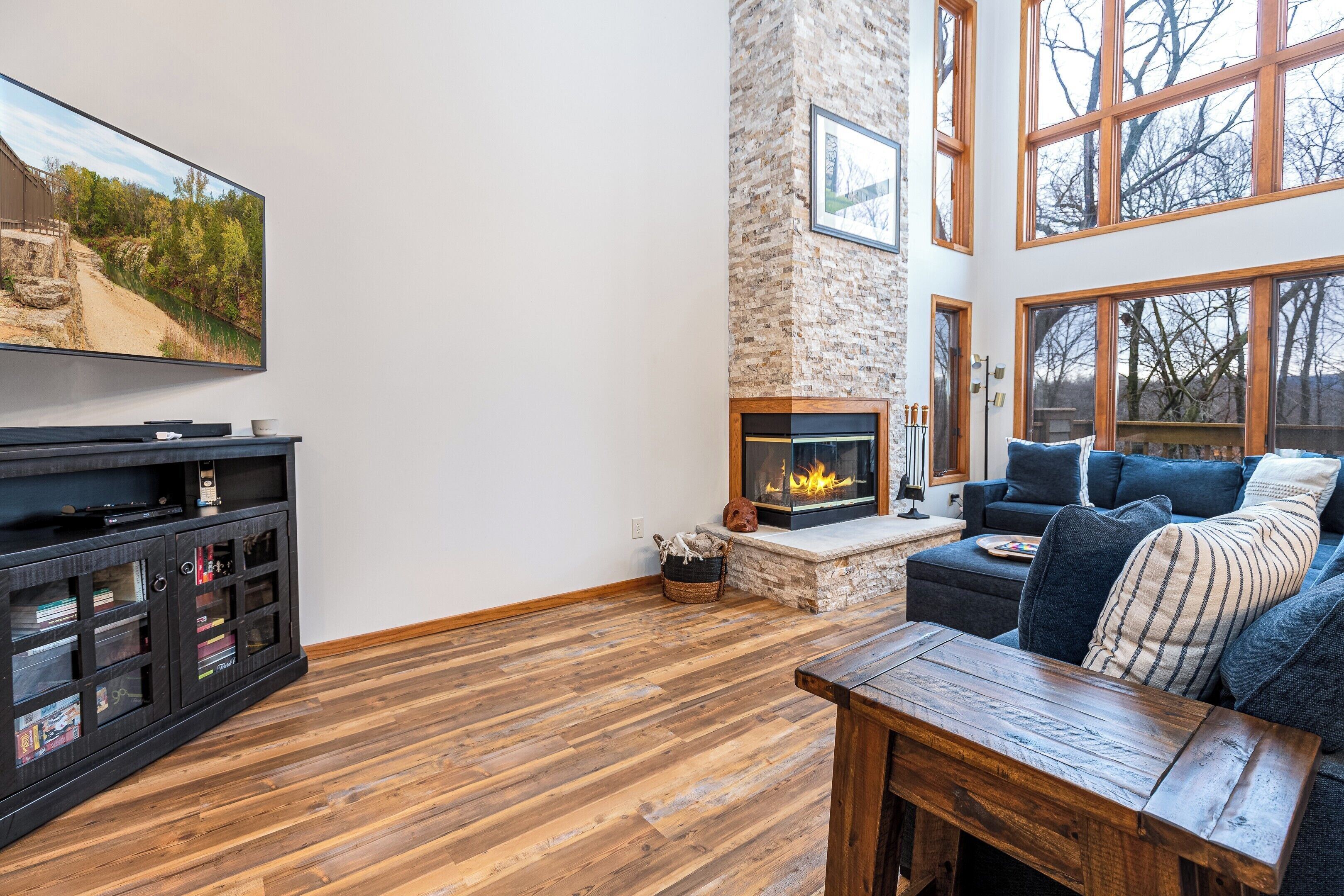 Smart TV, fireplace, foosball, printers