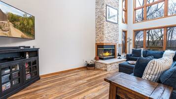 Smart TV, fireplace, foosball, printers