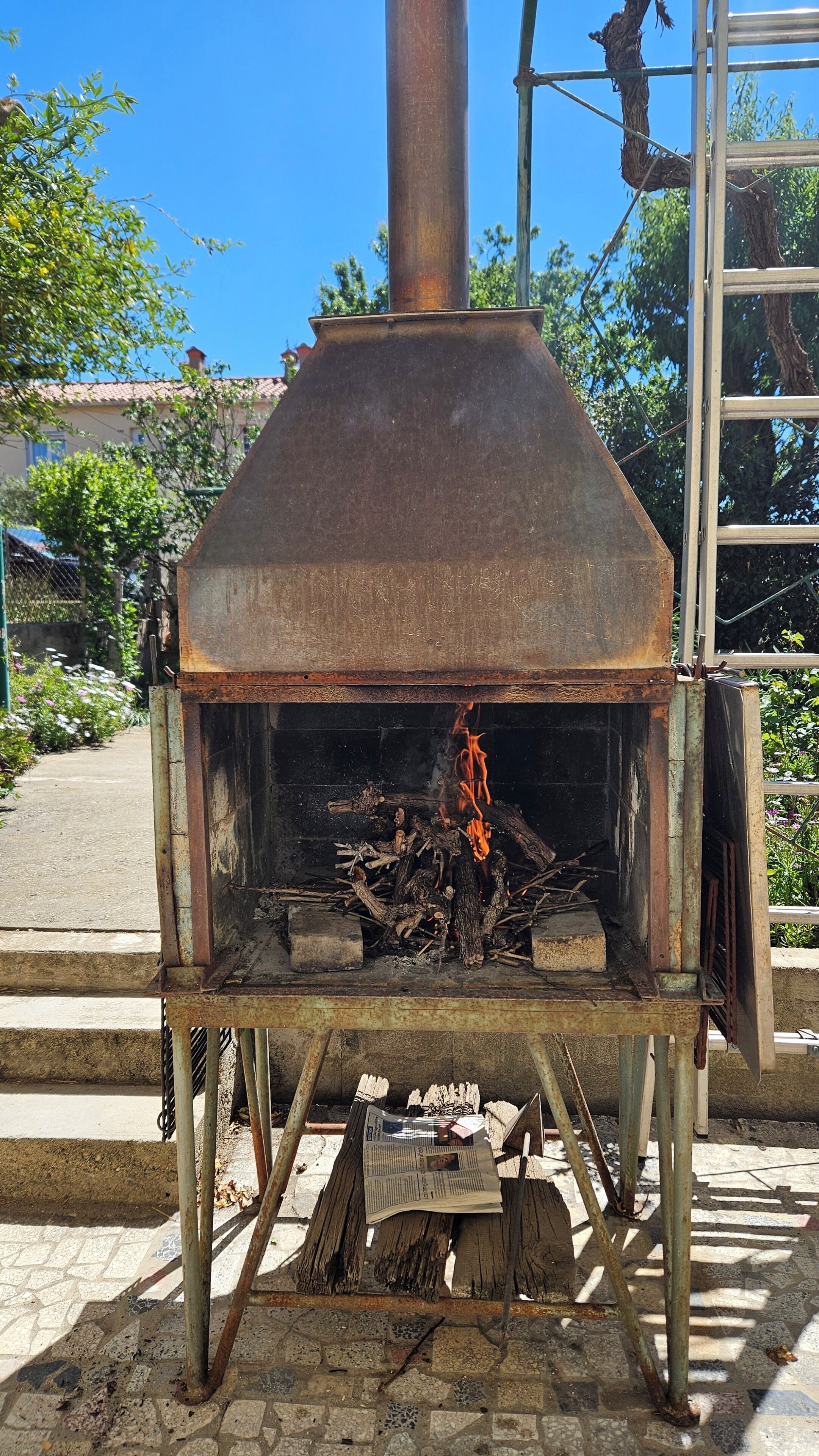 Un forno a pizza rustico all'aperto con canna fumaria, circondato da vegetazione e una scala in metallo.