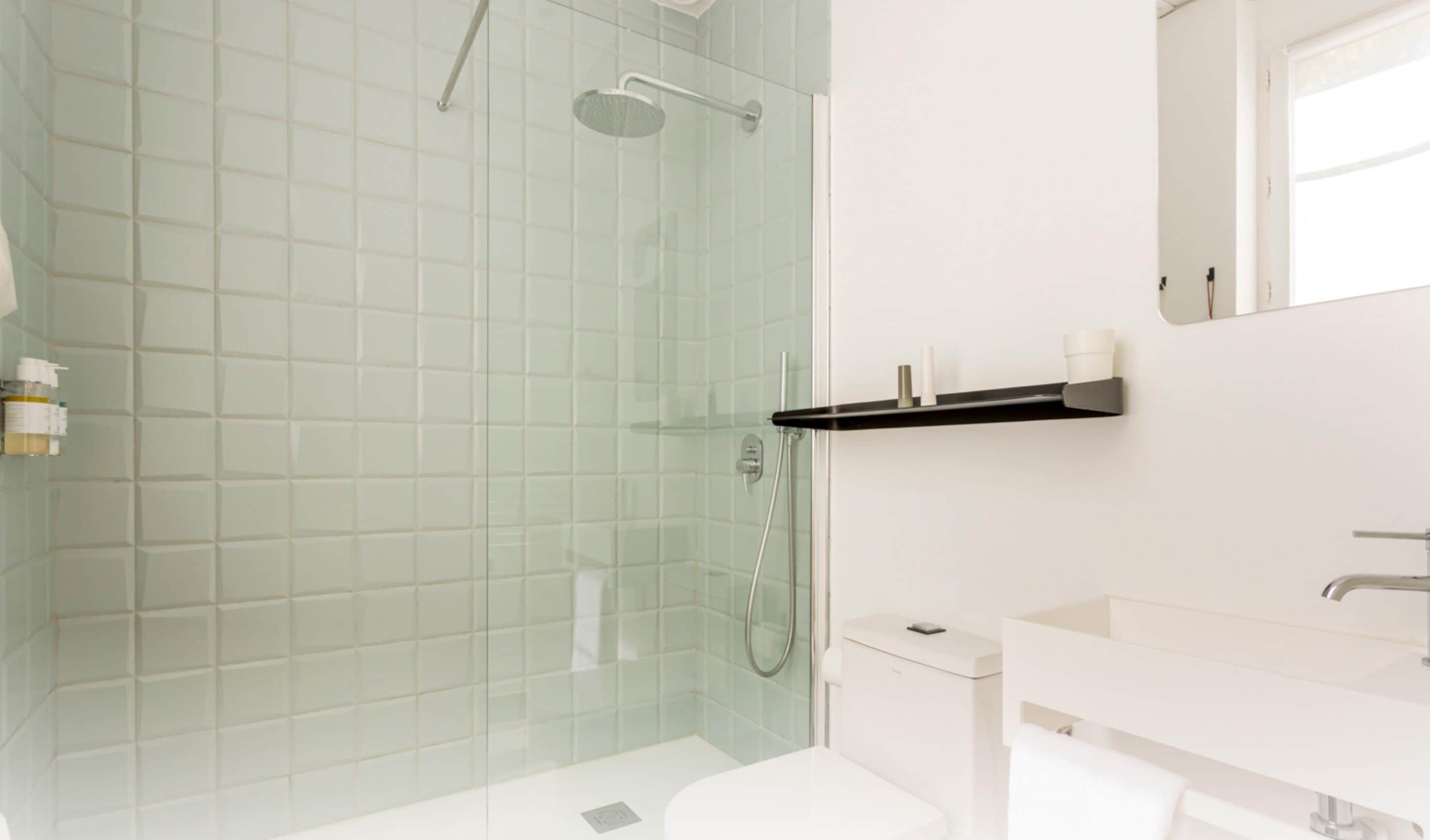 A modern bathroom with a glass shower enclosure, a white sink, and a toilet.