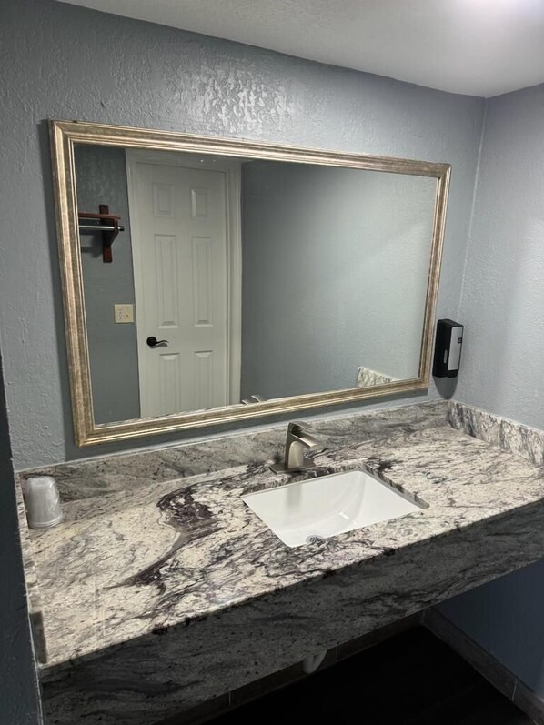 A bathroom with a large mirror, a sink, and a door. - Midtown Lodge (Jacksonville)