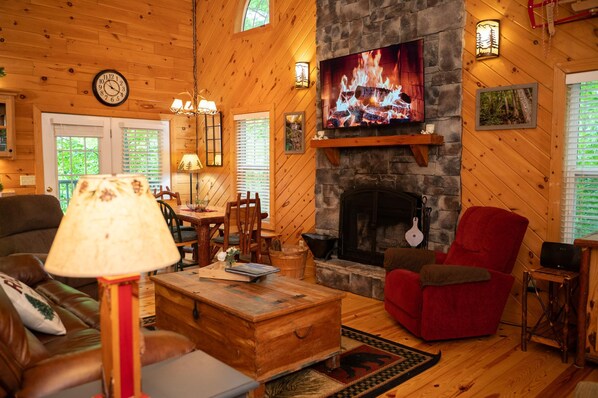 Smart TV, fireplace, books