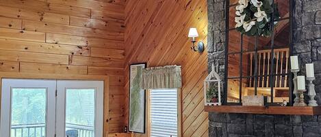 Smart TV, fireplace, books