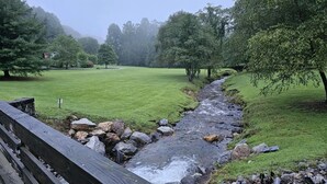 A wooden bridge over a rocky stream in a park with grassy areas and trees. - Magnolia-Cabin sits on Coosa creek with a breath taking view of the falls (Blairsville)