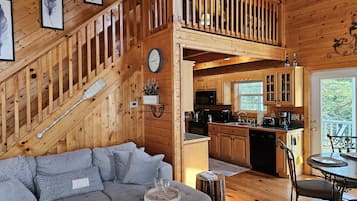 TV connectée, cheminée, lecteur de DVD, livres