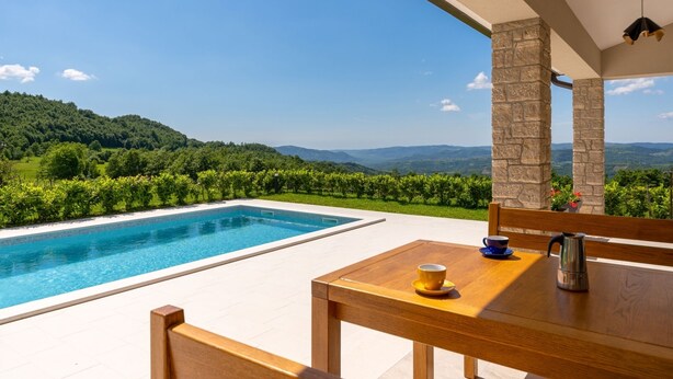 Un espace aménagé au bord de la piscine, offrant une vue sur un vignoble et des collines.