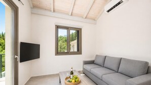 Een moderne woonkamer met een grijze bank, een flatscreentelevisie, een houten tafel met een wijnfles en fruit, en een raam met uitzicht op groen.