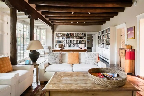 Smart TV, caminetto, libri, impianto stereo