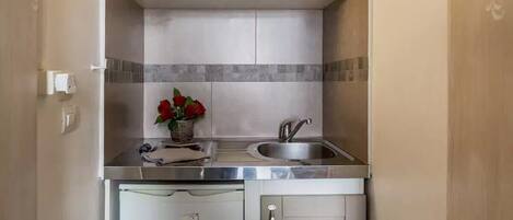 Kjøleskap, mikrobølgeovn, kokeplater og kaffetrakter/tekoker