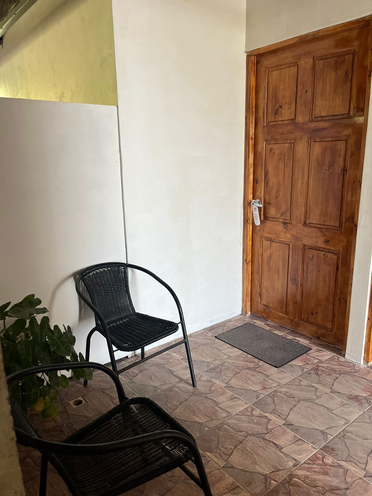 A room with a wooden door, two wicker chairs, a potted plant, and a stone-tiled floor.