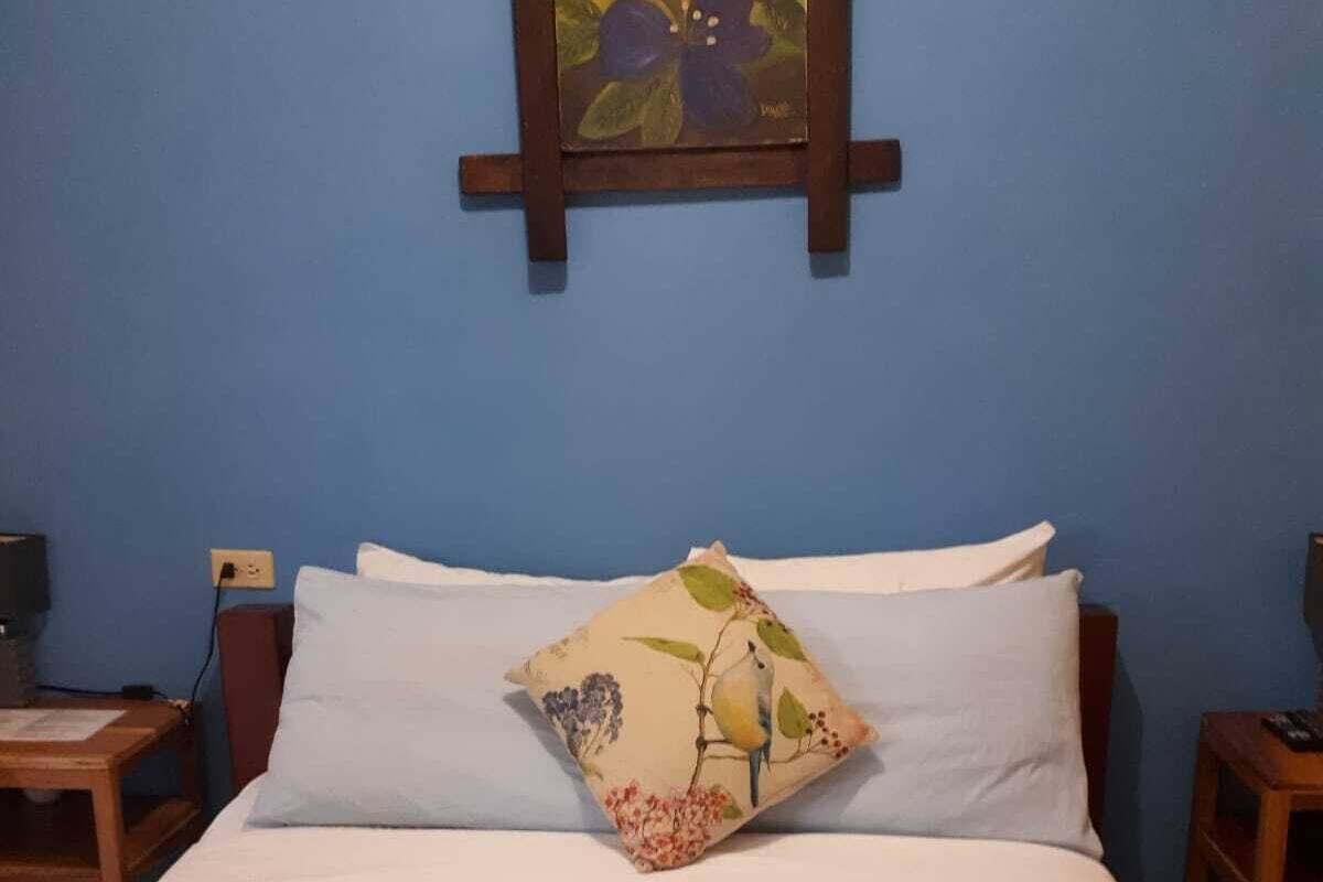 A bedroom with a patterned bedspread, a single decorative pillow, and a painting on the wall.