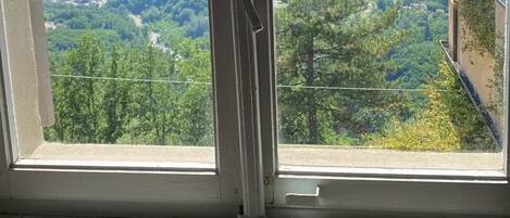 A window with a view of a mountainous landscape and a distant town.