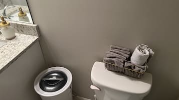 Een haardroger, handdoeken, zeep, shampoo