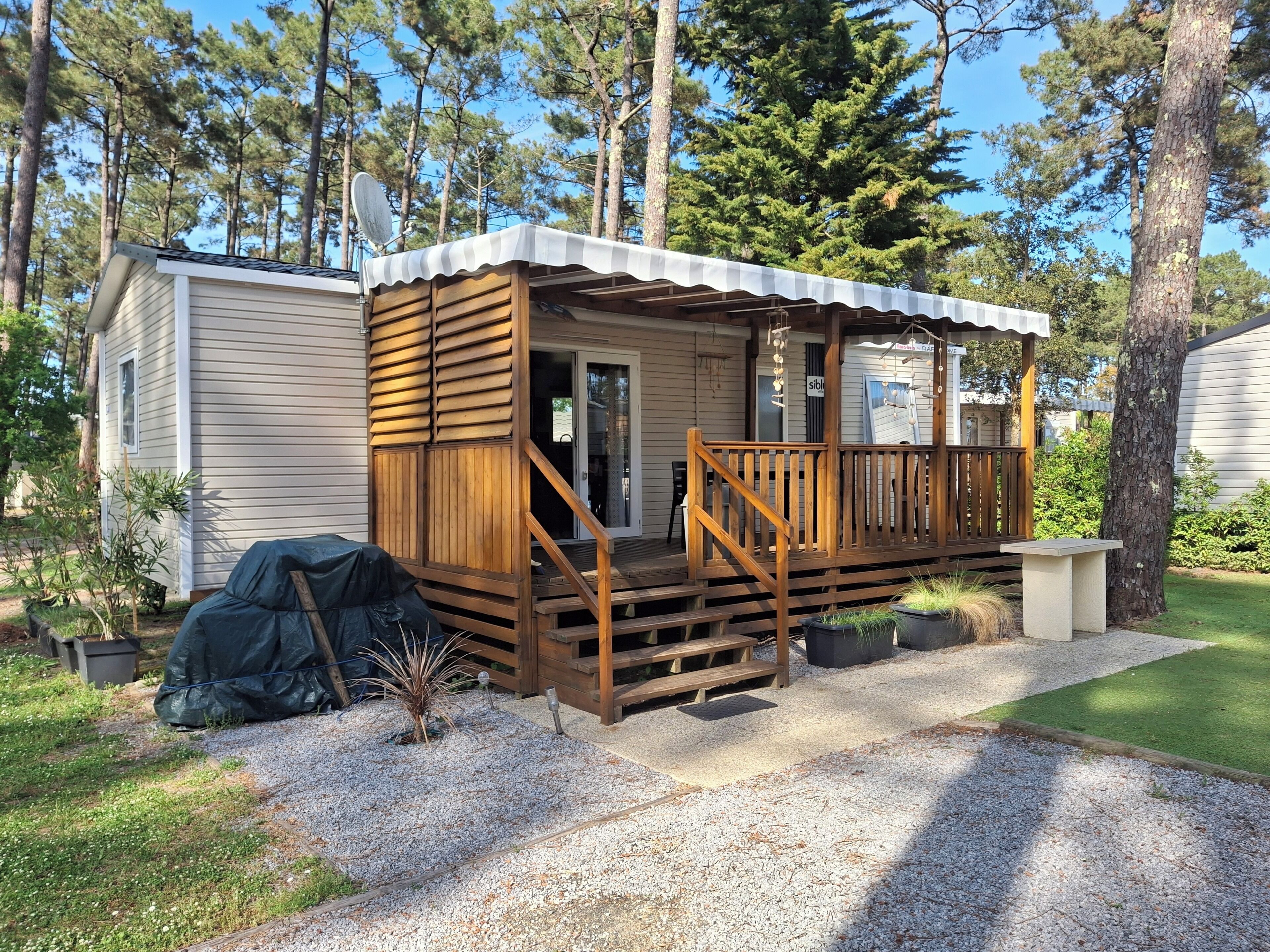 A wooden cabin with a porch, gravel driveway, and surrounding trees.