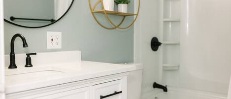 A bathroom with a white sink, black faucet, and a gold-framed shelf with a potted plant.