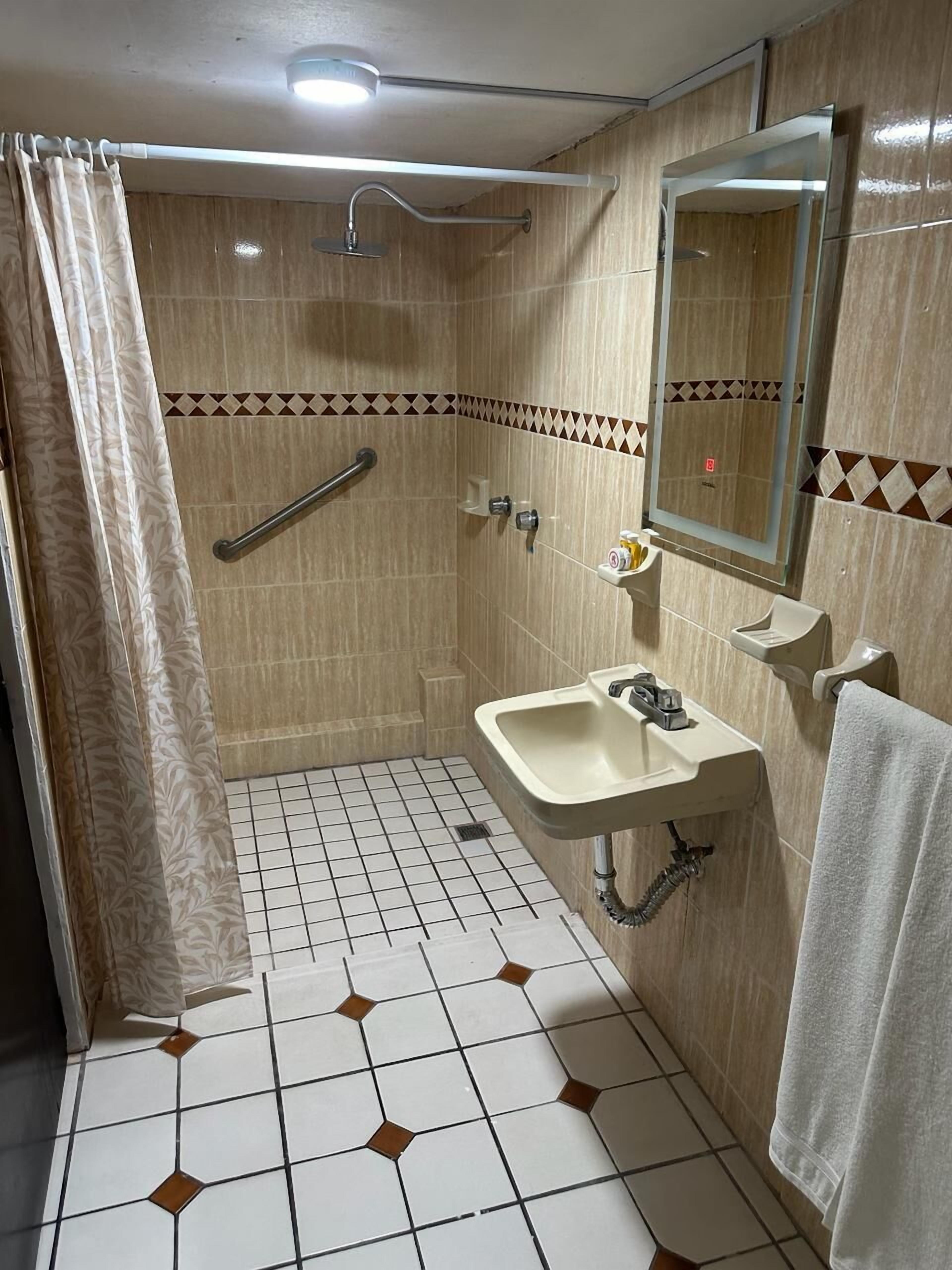 A bathroom with a shower, a sink, a mirror, and a towel rack.