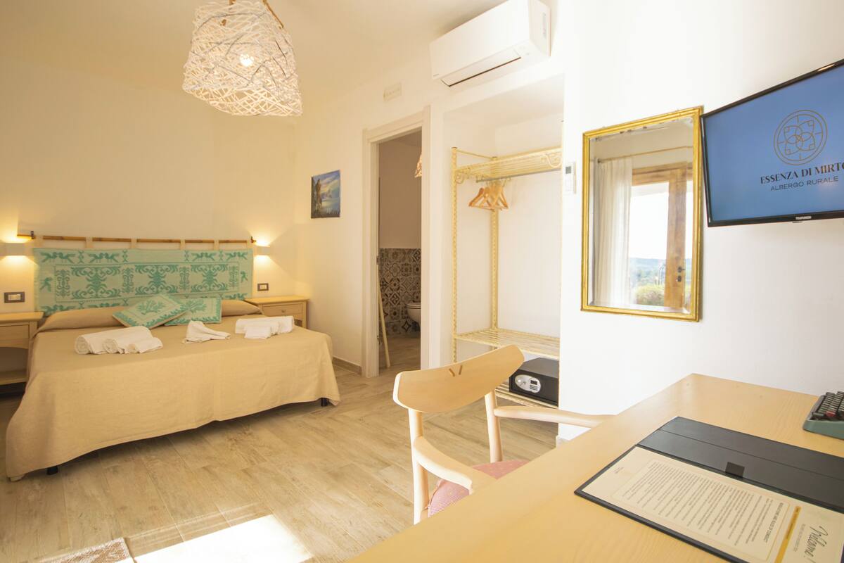 Une chambre d’hôtel équipée d’un lit, d’un bureau, d’une chaise, d’une télévision et d’un miroir.