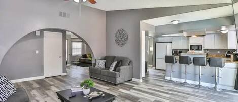 Smart TV, fireplace, books