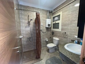 Bathroom features a shower, toilet, and sink with a geometric tile design.