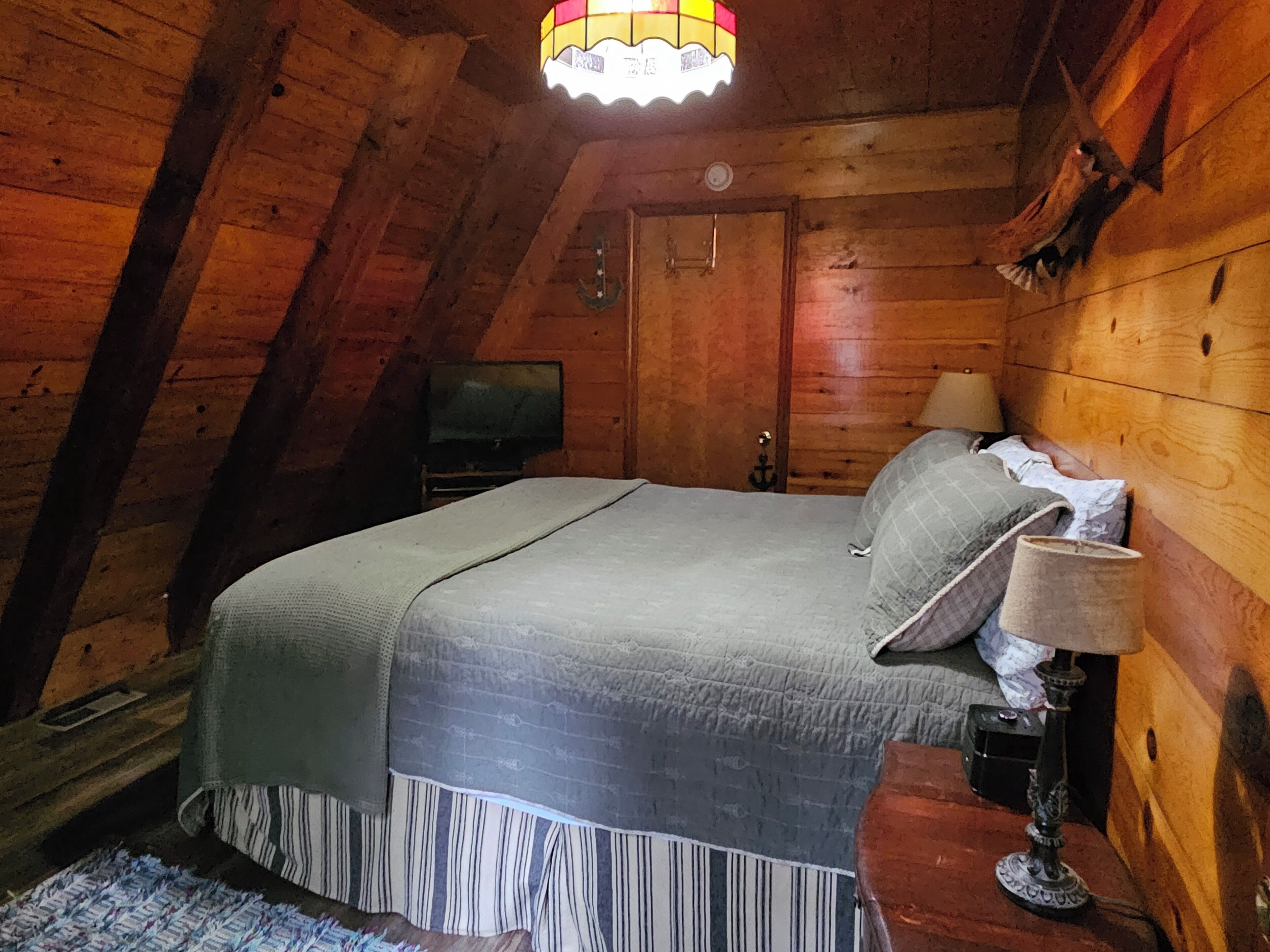 A room with a bed, a lamp, a television, and wooden walls.