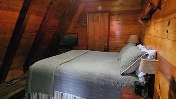 A room with a bed, a lamp, a television, and wooden walls.