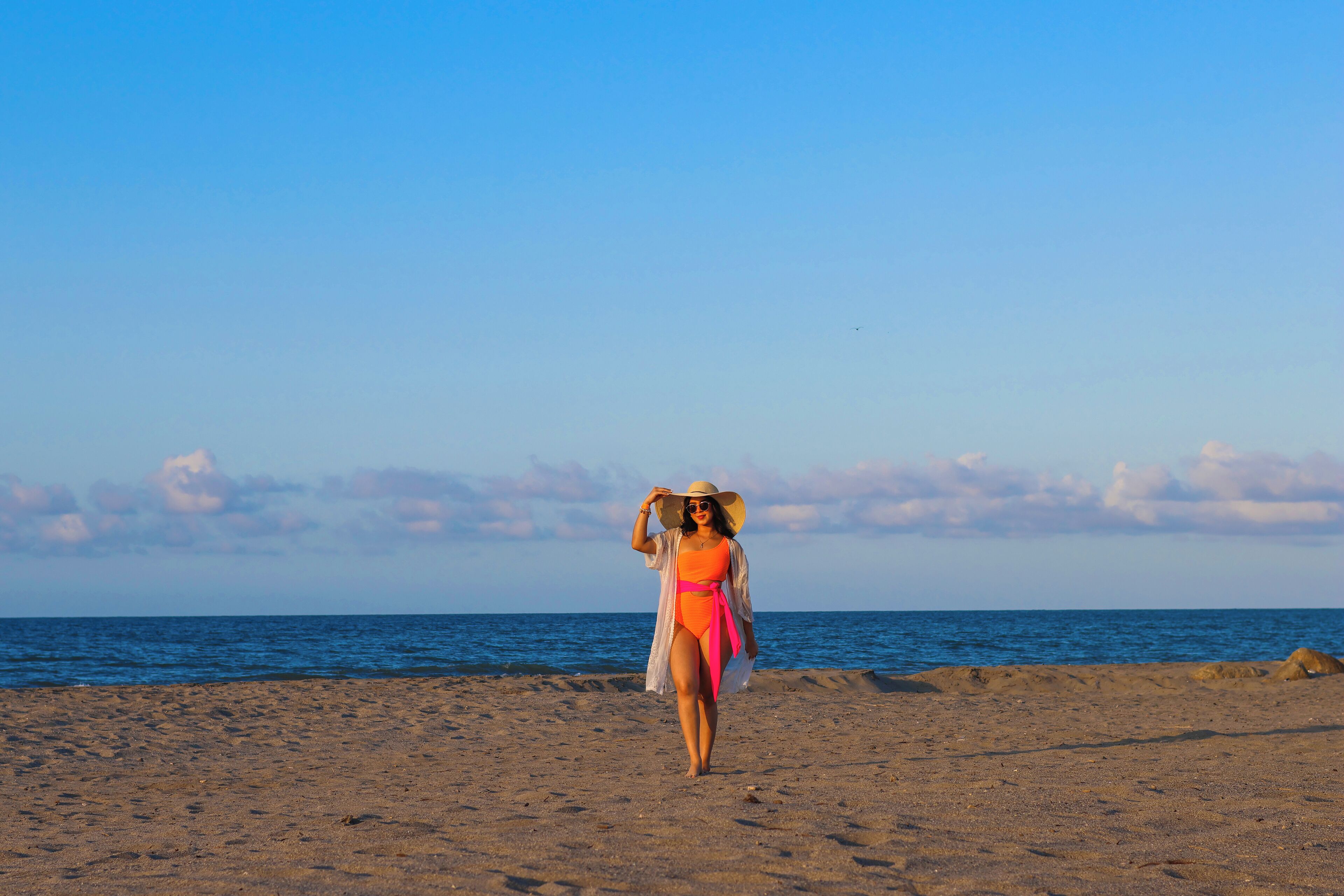 A person walking on a sandy beach with the ocean in the background.