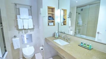 Hair dryer, towels, soap, shampoo
