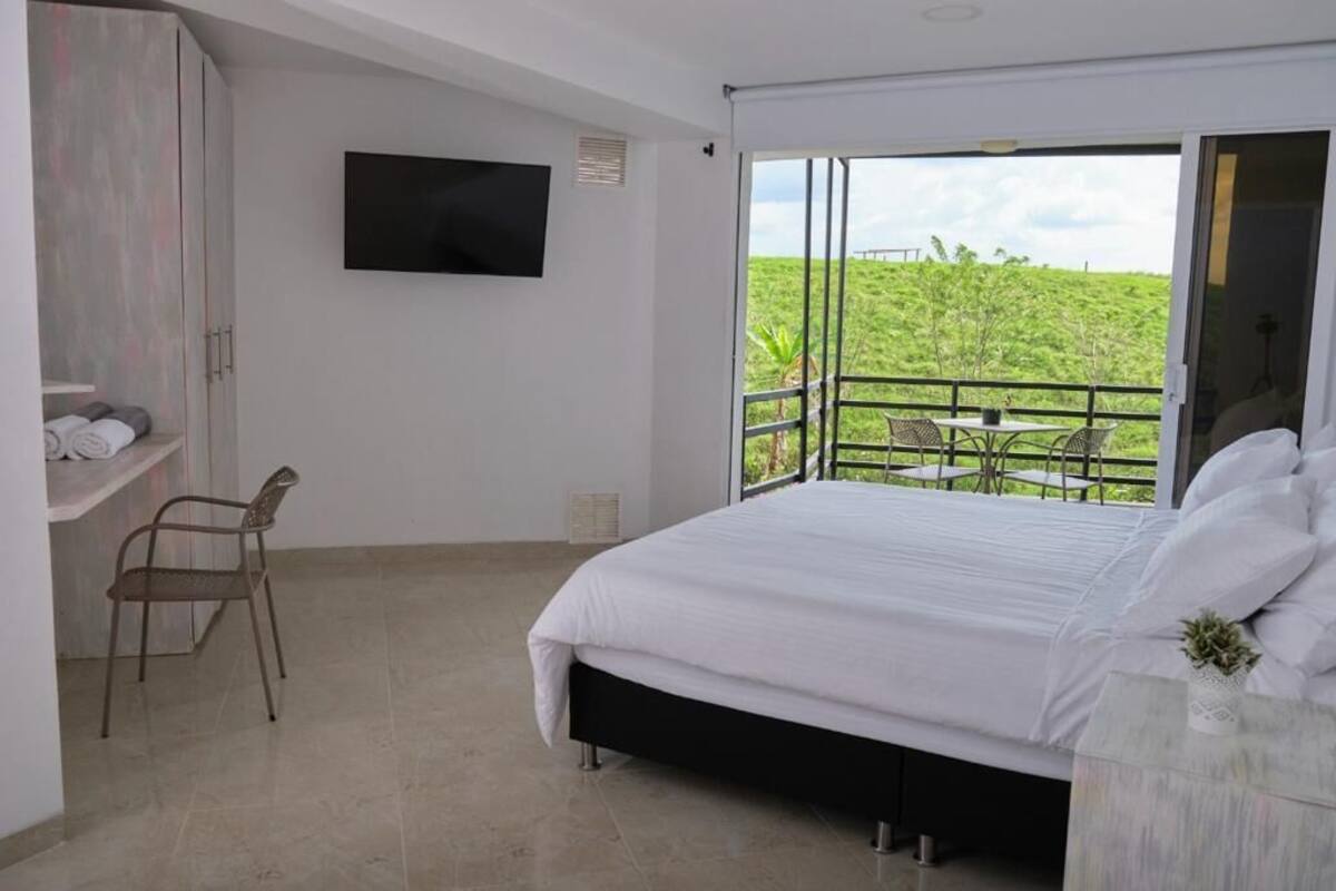 A bedroom with a bed, a TV, a chair, and a balcony with a view of greenery.