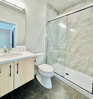 Hair dryer, towels, soap, shampoo