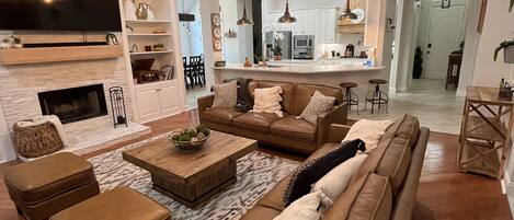 Smart TV, fireplace, video library