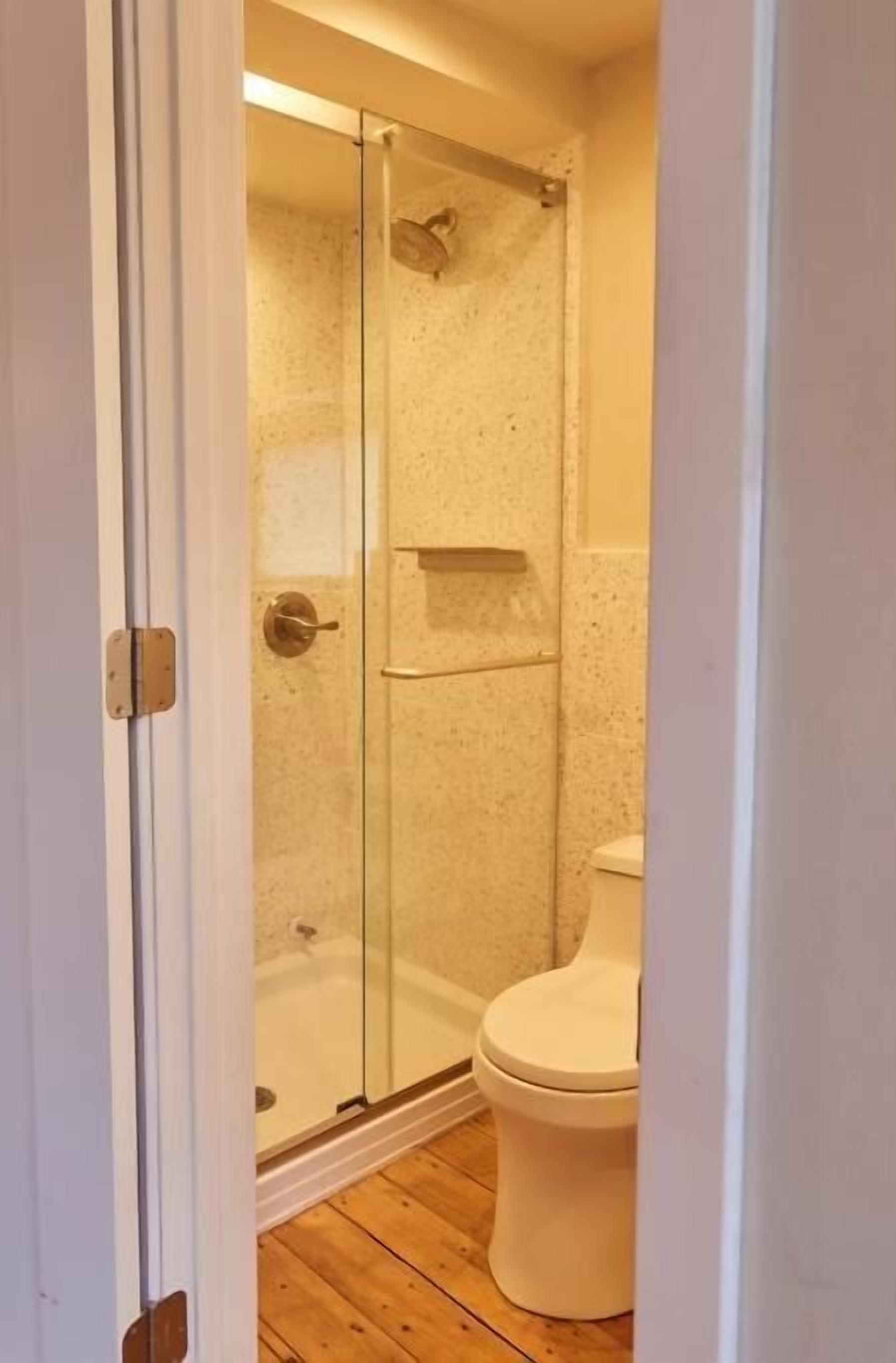 Un baño con ducha de vidrio, inodoro y suelo de madera.